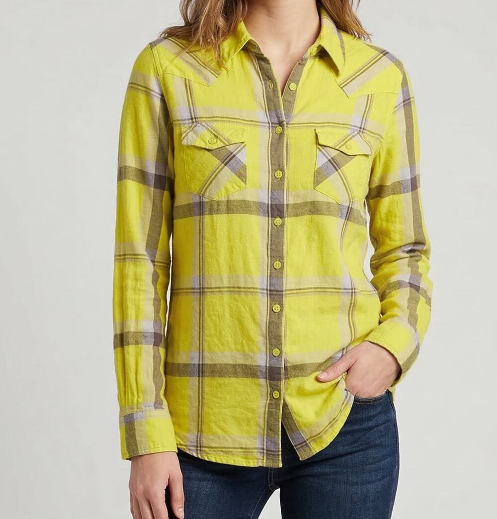 Nollie 100% Cotton Womens Button Front Yellow Plaid Shirt Medium